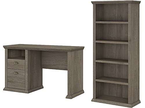 Bush Furniture Yorktown Home Office Desk with 5 Shelf Bookcase, 50W, Restored Gray