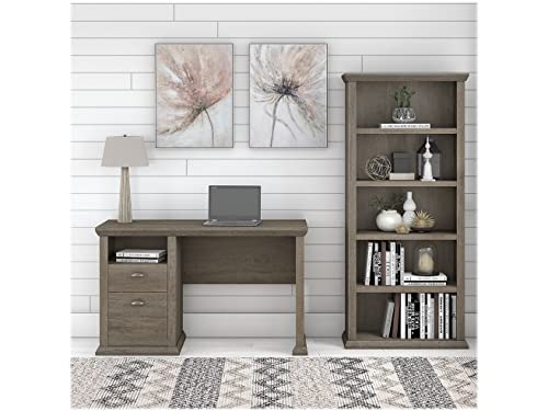 Bush Furniture Yorktown Home Office Desk with 5 Shelf Bookcase, 50W, Restored Gray