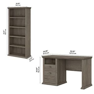 Bush Furniture Yorktown Home Office Desk with 5 Shelf Bookcase, 50W, Restored Gray