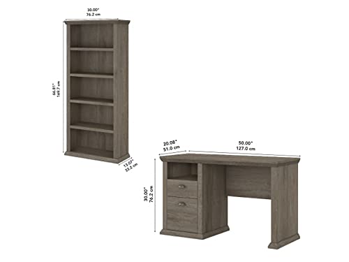 Bush Furniture Yorktown Home Office Desk with 5 Shelf Bookcase, 50W, Restored Gray