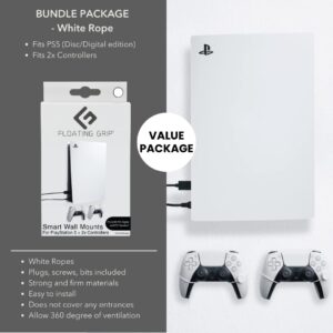 FLOATING GRIP Wall Mount Compatible with PS5 – Disk/Digital Edition (Bundle: Fits PS5 + 2X Controllers, White)