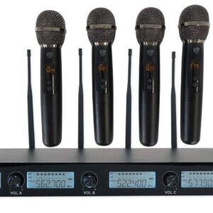 Rockville RWM-4US Quad Wireless UHF 4 Microphone System w/Adjustable Frequency, Black