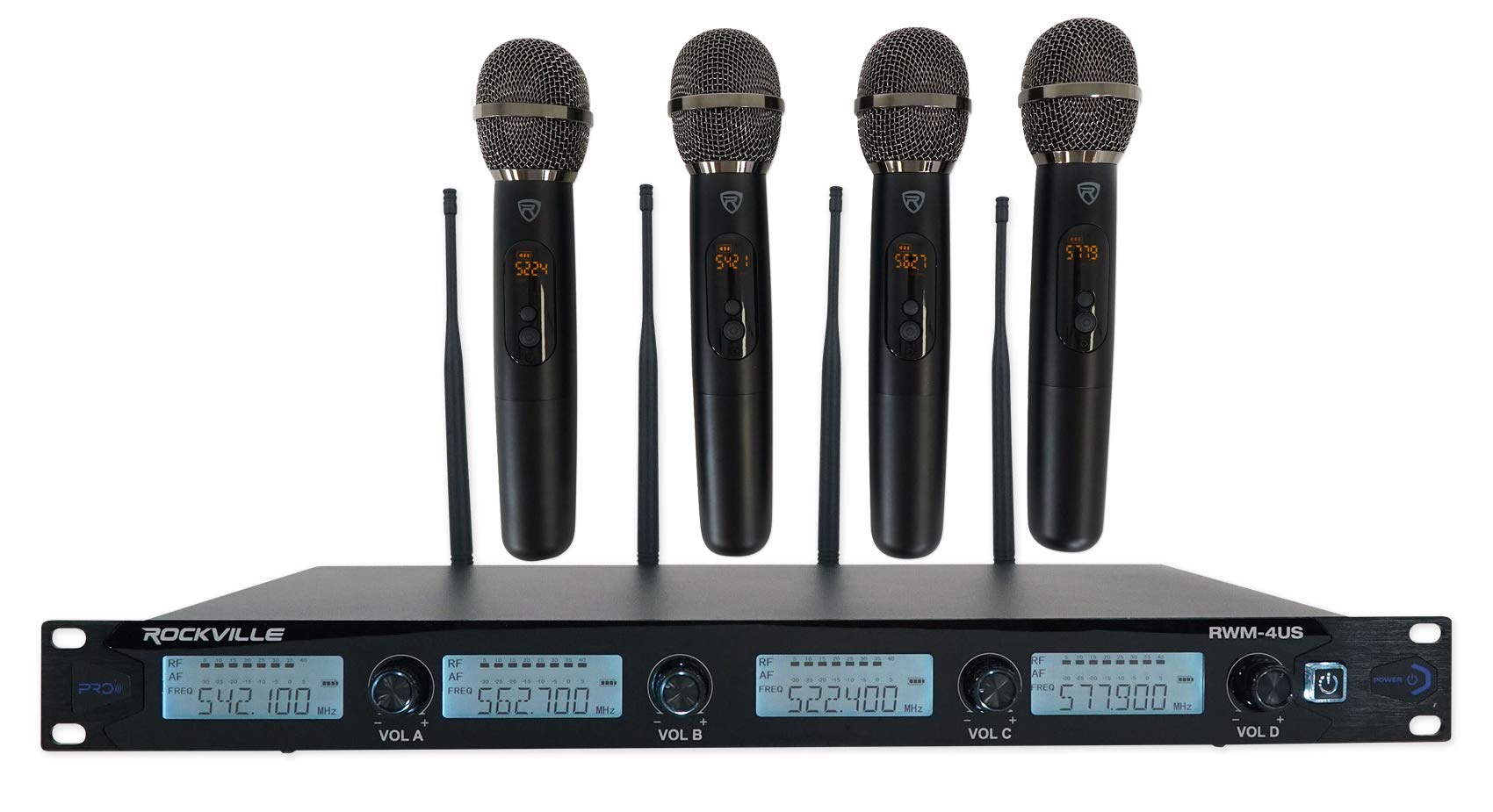 Rockville RWM-4US Quad Wireless UHF 4 Microphone System w/Adjustable Frequency, Black