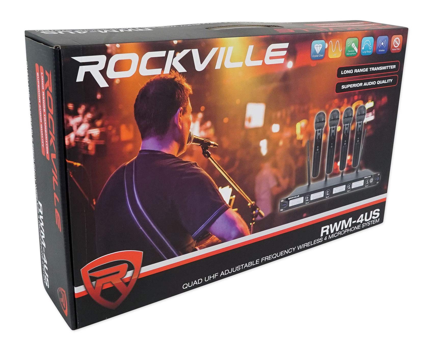 Rockville RWM-4US Quad Wireless UHF 4 Microphone System w/Adjustable Frequency, Black