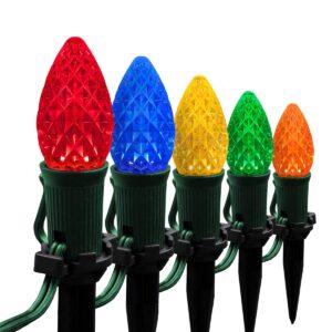 50’ opticore led c7 multicolor christmas pathway lights, c7 landscape lights, 4.5” stakes, green wire plug string lights