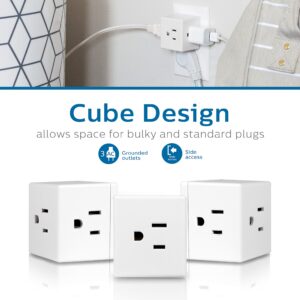 Philips 3-Outlet Extender, Extra-Wide Adapter Spaced, Easy Access Design, 3-Prong, Perfect for Travel, Cube, 4 Pack, White, SPS3040WA/37