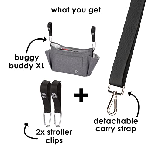 Diono Buggy Buddy XL Universal Stroller Organizer with Cup Holders, Secure Attachment, Zippered Pockets, Safe & Secure, Gray