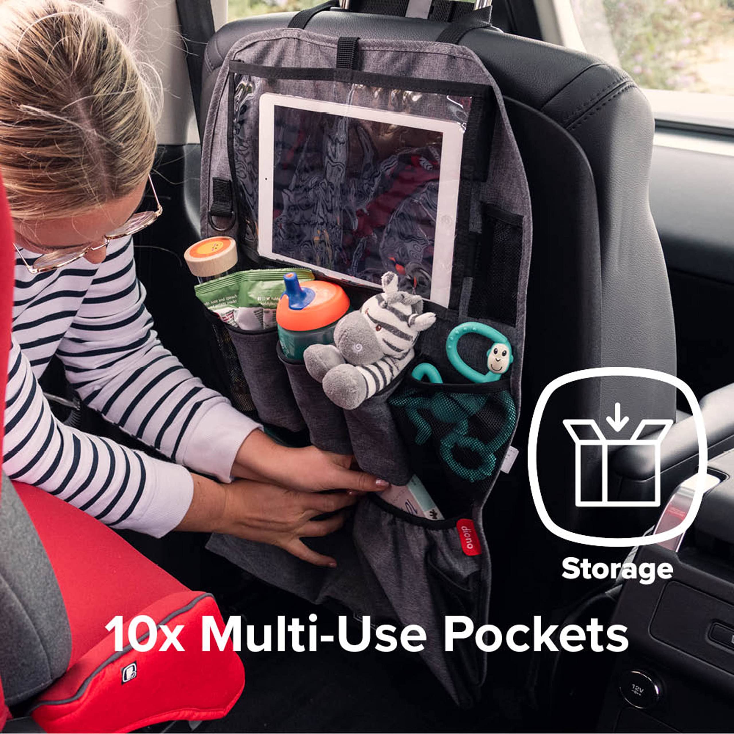 Diono Stow 'n Go XL Car Back Seat Organizer for Kids, Kick Mat Back Seat Protector, with 7 Storage Pockets, 2 Drinks Holders, Water Resistant, Durable Material, Gray