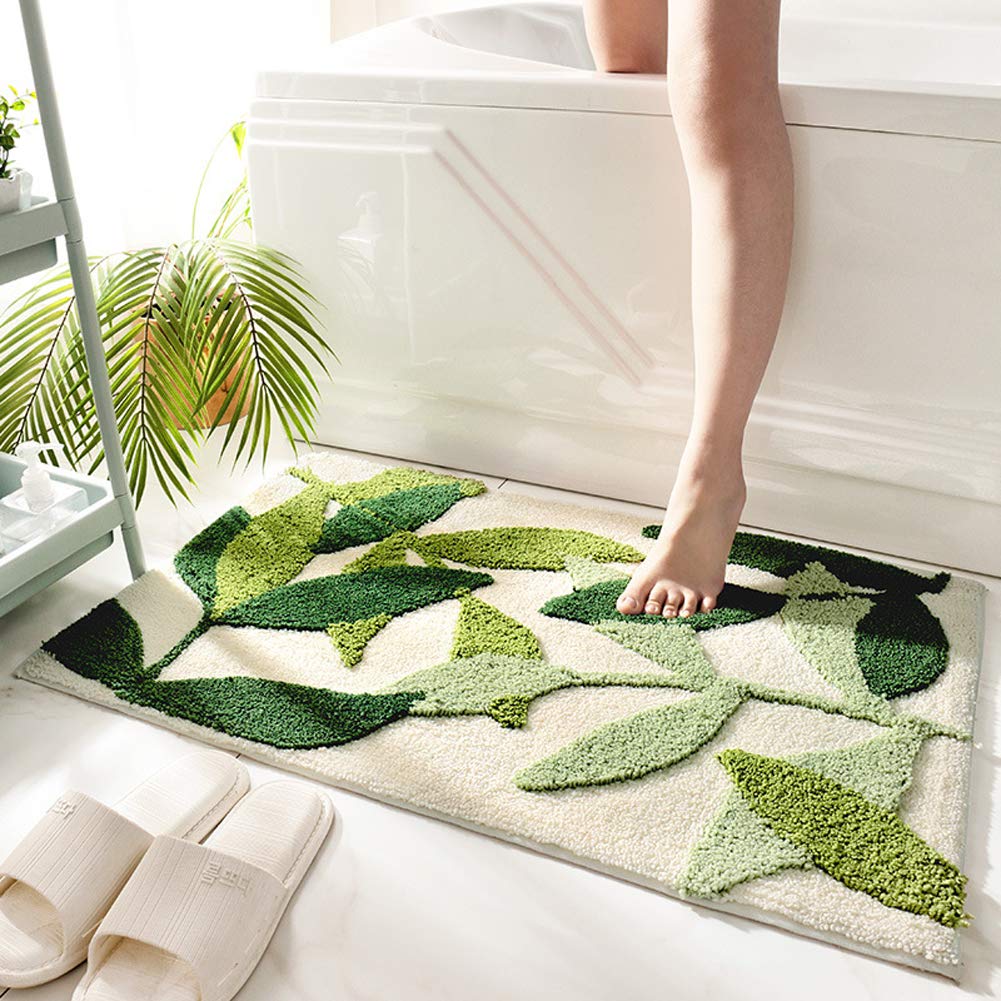 Extra Soft Flocking Green Bath Mats 18" X 26" Absorbent Non-Slip Bathroom Rugs Microfiber Shag Thick Carpet Cute Plant Bathroom Rugs Machine Washable Floor Mat for Tub Shower Bath Room