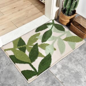 Extra Soft Flocking Green Bath Mats 18" X 26" Absorbent Non-Slip Bathroom Rugs Microfiber Shag Thick Carpet Cute Plant Bathroom Rugs Machine Washable Floor Mat for Tub Shower Bath Room