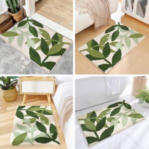 Extra Soft Flocking Green Bath Mats 18" X 26" Absorbent Non-Slip Bathroom Rugs Microfiber Shag Thick Carpet Cute Plant Bathroom Rugs Machine Washable Floor Mat for Tub Shower Bath Room