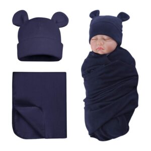 pesaat cotton baby swaddle hat set newborn infant hats receiving blankets for baby boys girls (navy, 0-6 months)