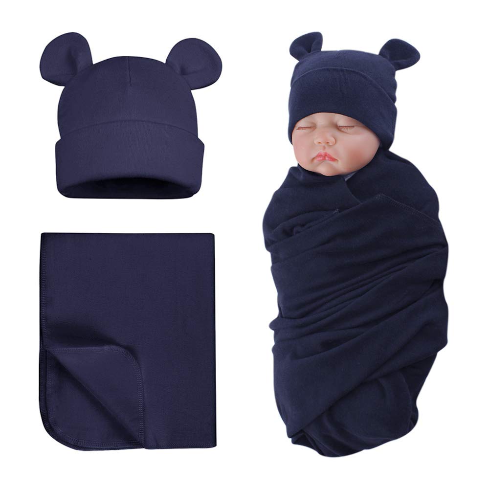 PESAAT Cotton Baby Swaddle Hat Set Newborn Infant Hats Receiving Blankets for Baby Boys Girls (Navy, 0-6 Months)