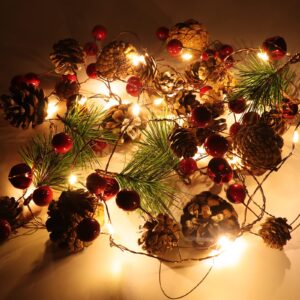topist christmas pinecone lights battery or usb plug in, 6.7ft 20led red berry with pine cone christmas garland lights led string lights fairy lights for xmas tree party home holiday decor