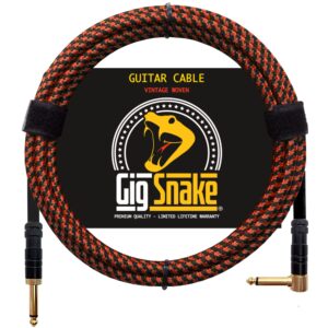 guitar cable 10 ft - 1/4 inch right angle red instrument cable - professional quality electric guitar cord and amp cable - low noise bass and guitar lead - reliable cords for a clean clear tone