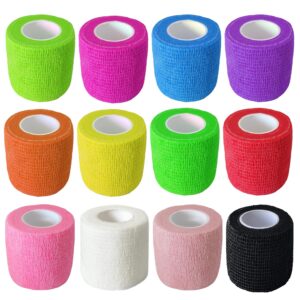 12 pack self adhesive wrap bandage - vet wrap for pets, stretch self-adherent cohesive tape breathable athletic tape rolls (2 inches x 5 yards each, 12 colors)