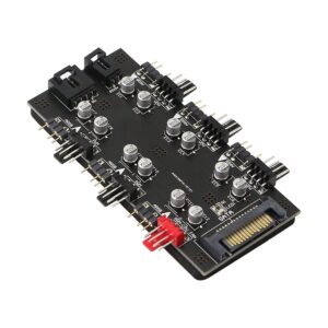 12v 4pin pwm & 5v 3pin argb with sata 15pin power 2-in-1 hub 6 way sync cpu cooling fan addressable rgb lighting pcb splitter for extended motherboard interface -black compatible with desktop
