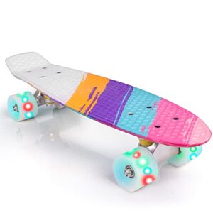 animiles 22” skateboard for kids, skateboard for girls with colorful led wheels, mini cruiser retro skateboard for beginners boys (colorful)