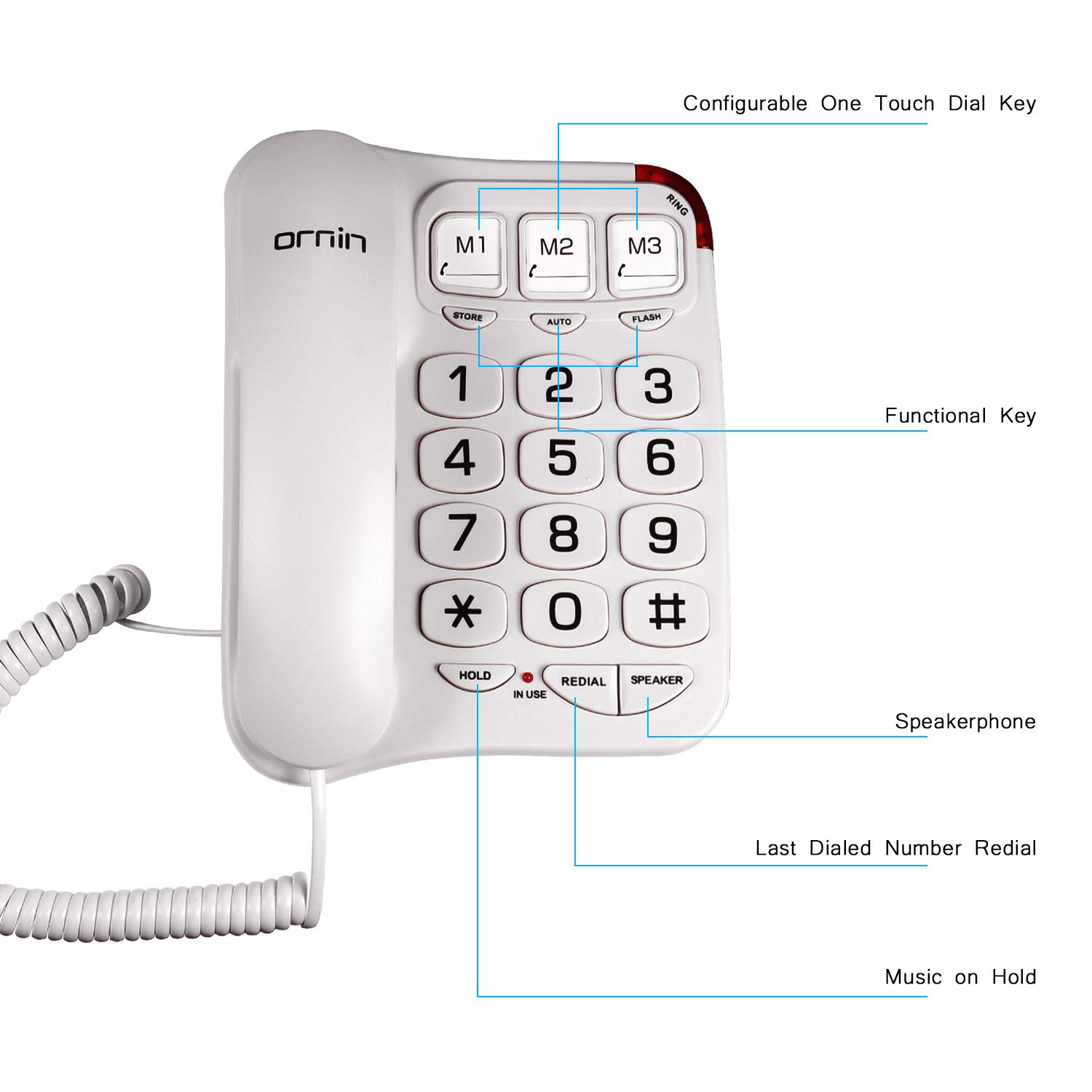 Ornin S016+ Big Button Corded Telephone with Speaker, Desk Phone Only (Off-White)