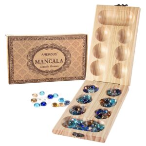 amerous wooden mancala board game set - folding board - 72+8 bonus multi color glass stones - gift package - mancale instructions, portable travel board game for kids and adults