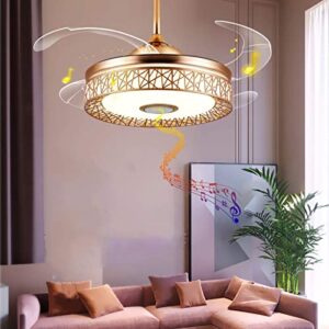 42 Inch Modern Golden Ceiling Fan with Light and Remote Control Bluetooth Music Playback Function 3 Colors 3 Speed Smart Ceiling Fan Light Kit LED Chandelier Ceiling Fan for Living Room Bedroom (Bird's Nest) (Gold) (Gold)