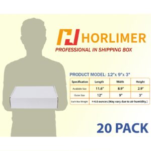 HORLIMER 12x9x3 inches Shipping Boxes Set of 20, White Corrugated Cardboard Box Literature Mailer