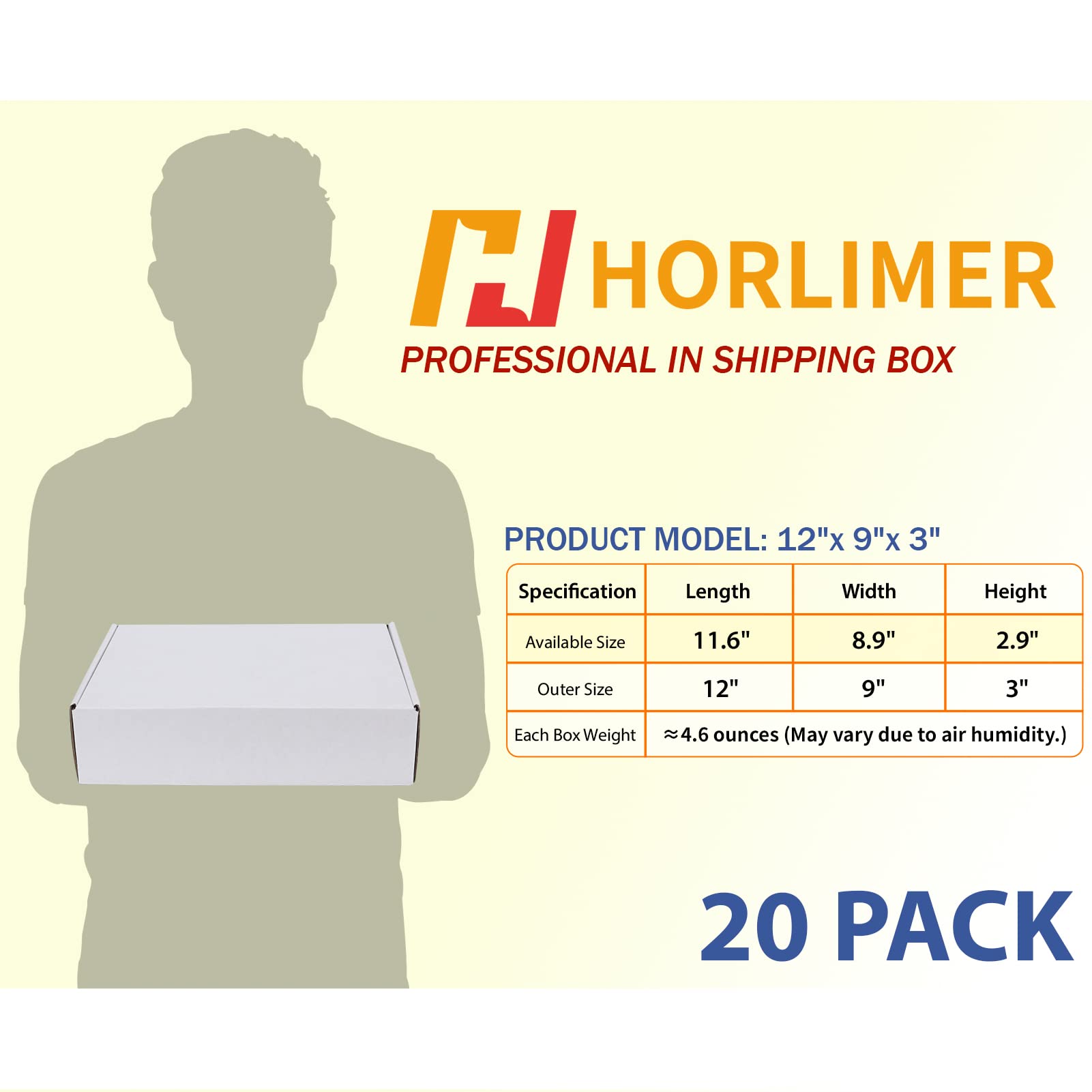 HORLIMER 12x9x3 inches Shipping Boxes Set of 20, White Corrugated Cardboard Box Literature Mailer