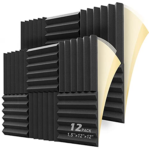 LEIYER 12 Pack Self-adhesive Sound Proof Foam Panels, 1.5" X 12" X 12", Acoustic Foam Panels with High Density,Soundproof Foam Panels for Decreasing Noise and Echoes, Studio Foam for Indoor (Black)…