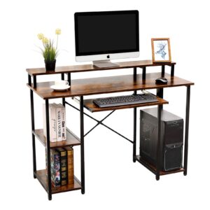 aika computer desk with storage shelves/keyboard tray/monitor stand study table for home office reversible desk (industrial/rustic brown)