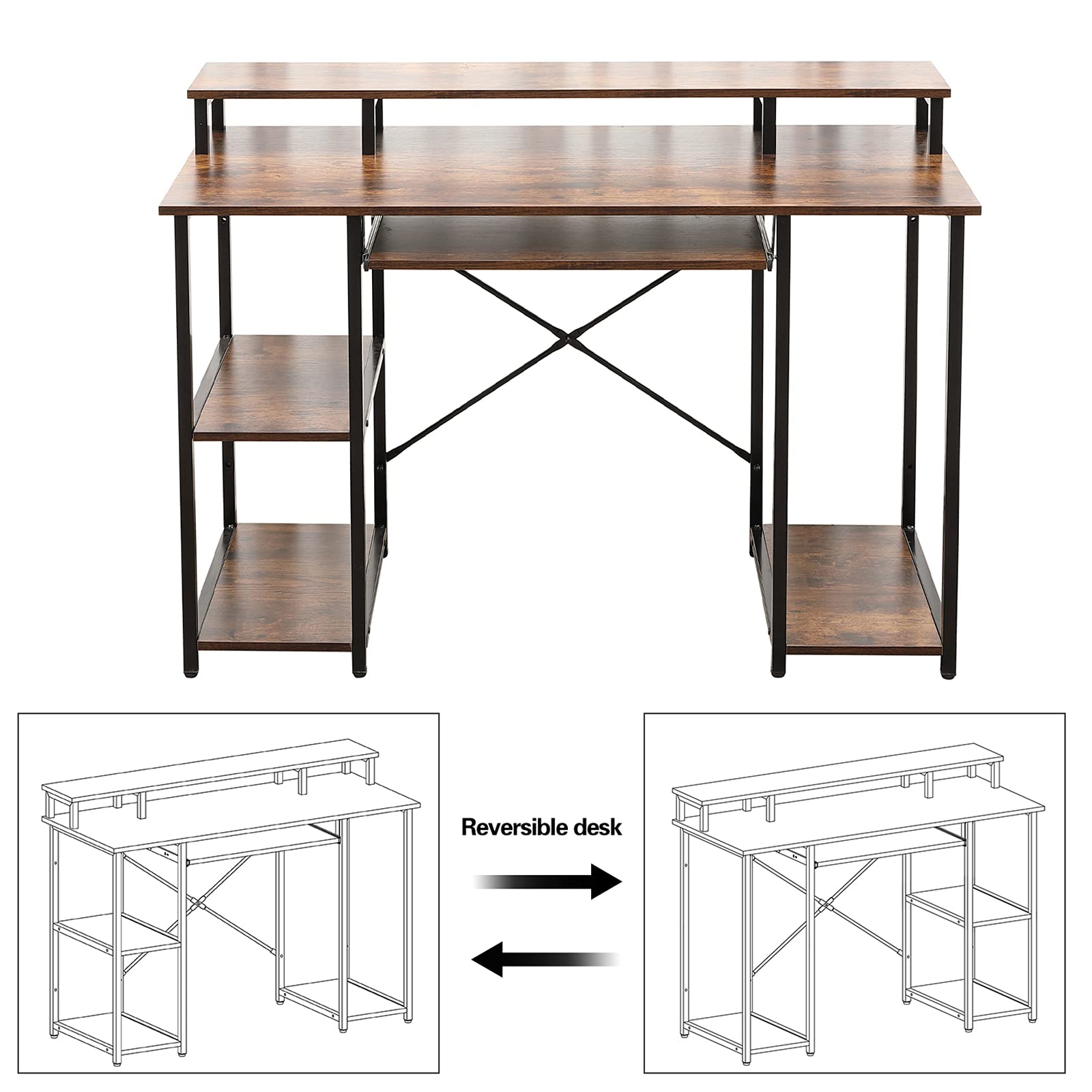 AIKA Computer Desk with Storage Shelves/Keyboard Tray/Monitor Stand Study Table for Home Office Reversible Desk (Industrial/Rustic Brown)