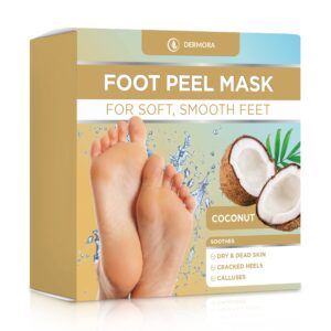 dermora foot peel mask - 2 pack, regular size skin exfoliating foot masks for dry, cracked feet, strawberry scent