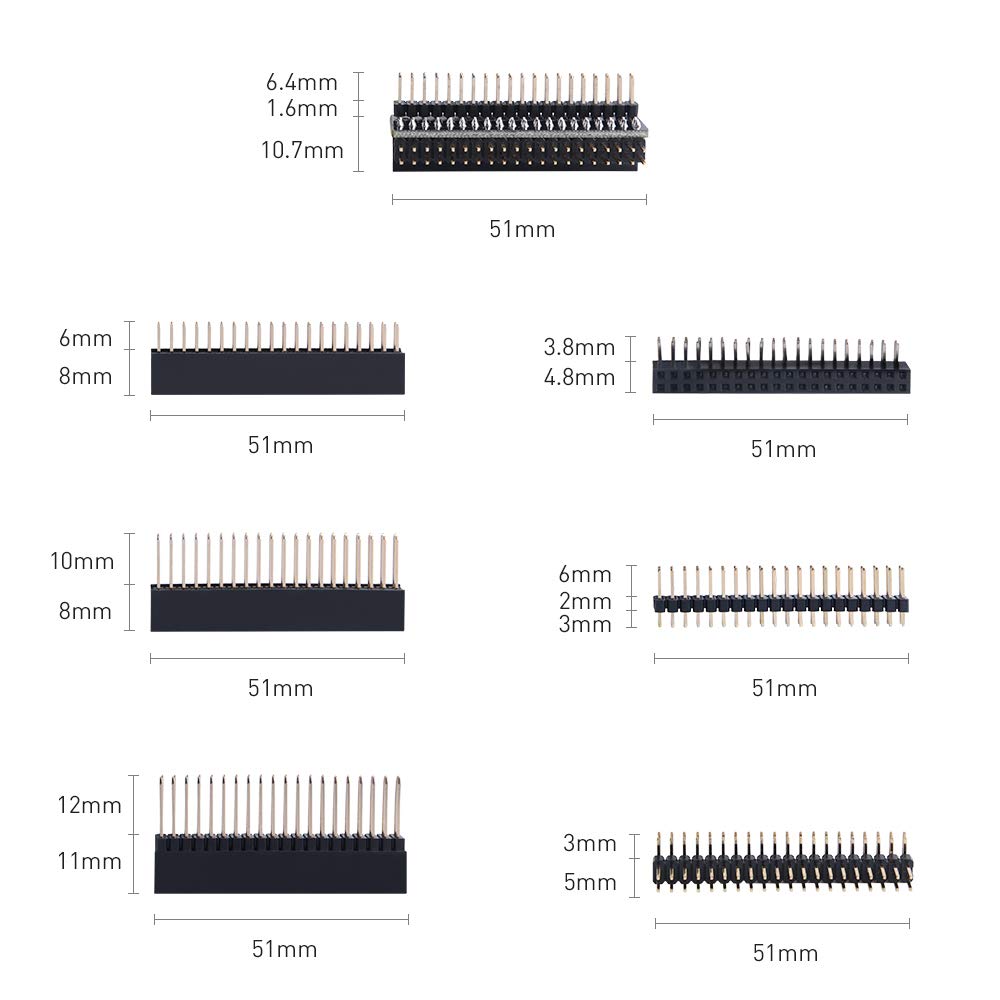 GeeekPi 2x20 40 Pin Stacking Female Header Kit for Raspberry Pi 4B/3B+/3B/2B/B+/A+/Zero/Zero W(2)/Jetson Nano/Tinker Board(7 Specifications)(13Pcs in Total)