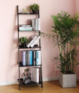 hynawin ladder shelf 5 tier bookcase, multipurpose plant flower stand bookshelf storage rack shelves, wood look accent bamboo frame modern furniture home office (black)