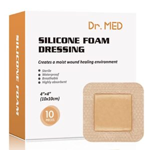 dr. med silicone foam dressing with gentle adhesive border 4"x4", 10 individual pack, painless removal high absorbency bed sore wound bandage, for pressure sore, diabetic ulcer, leg ulcer and burns