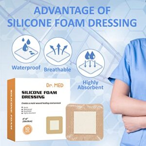 Dr. Med Silicone Foam Dressing with Gentle Adhesive Border 4"x4", 10 Individual Pack, Painless Removal High Absorbency Bed Sore Wound Bandage, for Pressure Sore, Diabetic Ulcer, Leg Ulcer and Burns