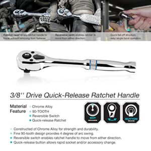 DURATECH 3/8-Inch Drive Ratchet, 90-Tooth Quick-release Ratchet Wrench, Reversible, Chrome Alloy Made, Full Polished, Gifts for Men Gifts for Women Gifts for Dad