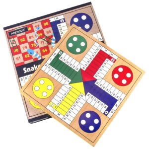 AMEROUS 12 inches Wooden Ludo Board Game - Snakes and Ladders, 2 in 1 Reversible, 1-4 Players Family Dice Games Set for Kids, Adults, Classics Tabletop Version (Gift Box Packed)