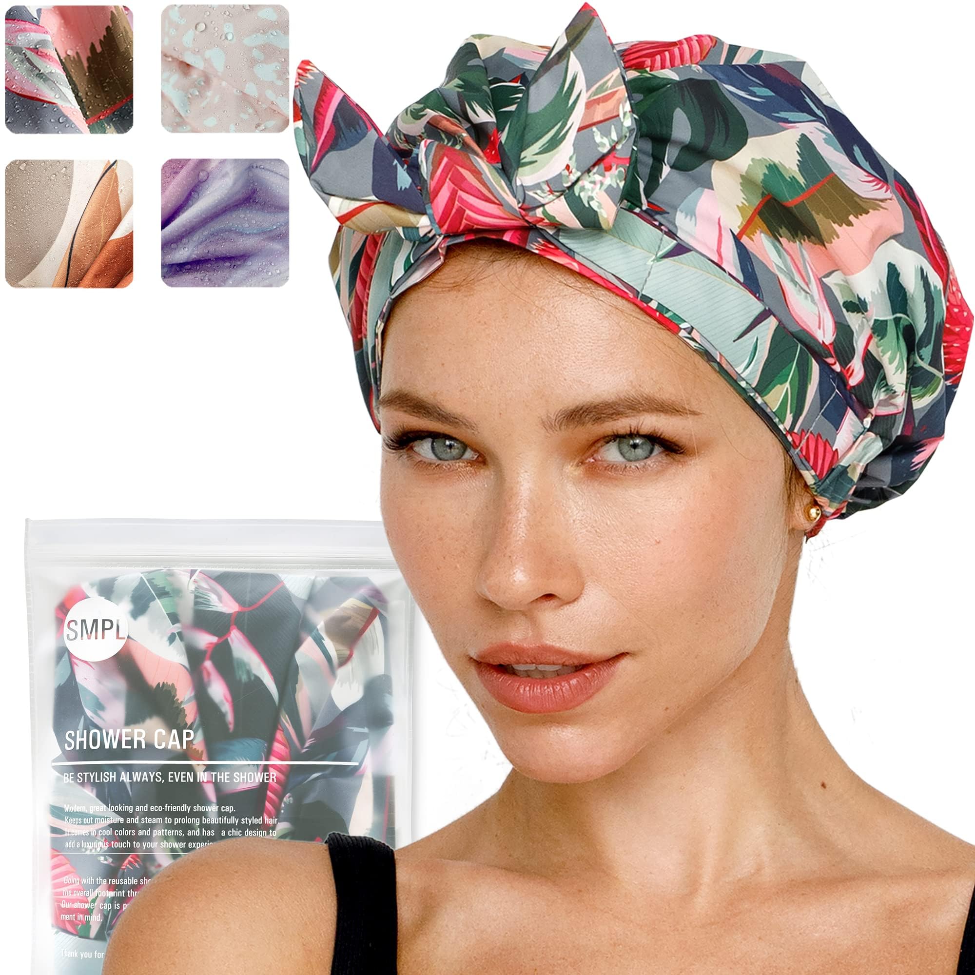 Reusable Shower Cap for Women – Leakproof, Nonslip Hair Cap for Shower w/Comfy Flexiband – Soft, Breathable Shower Caps for Women Reusable Waterproof – Durable Shower Cap by SMPL OBJECTS (Tropical)