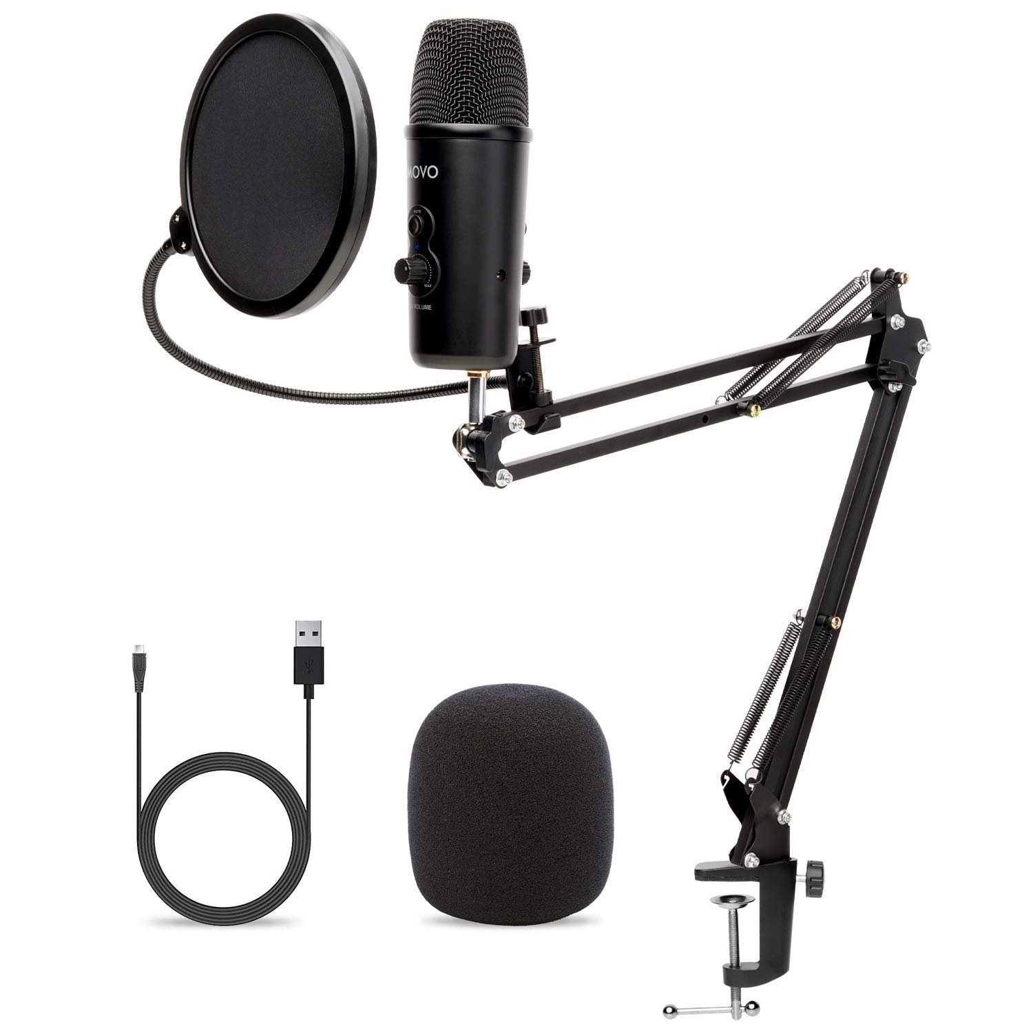 Movo Desktop USB Microphone for Computer with Microphone Boom Arm, Pop-filter, and 4 Pickup Patterns - Adjustable Mic Boom Arm - Perfect for Podcast Microphone, Streaming Microphone, Gaming Microphone