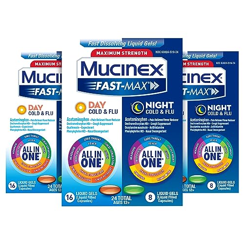 Mucinex Fast-Max Max Strength, Day Cold & Flu & Night Cold & Flu Liquid Gels (Pack Of 3), 72 Count (Packaging May Vary)