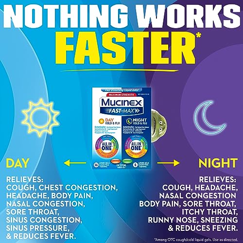 Mucinex Fast-Max Max Strength, Day Cold & Flu & Night Cold & Flu Liquid Gels (Pack Of 3), 72 Count (Packaging May Vary)