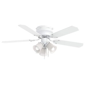 inlight 42" classic flush mount ceiling fan with pull chain and 3 lights, 5 wood blades and 3 speed reversible motor, hugger ceiling fan for small rooms or low ceilings, white finish, in-0704-1-wh