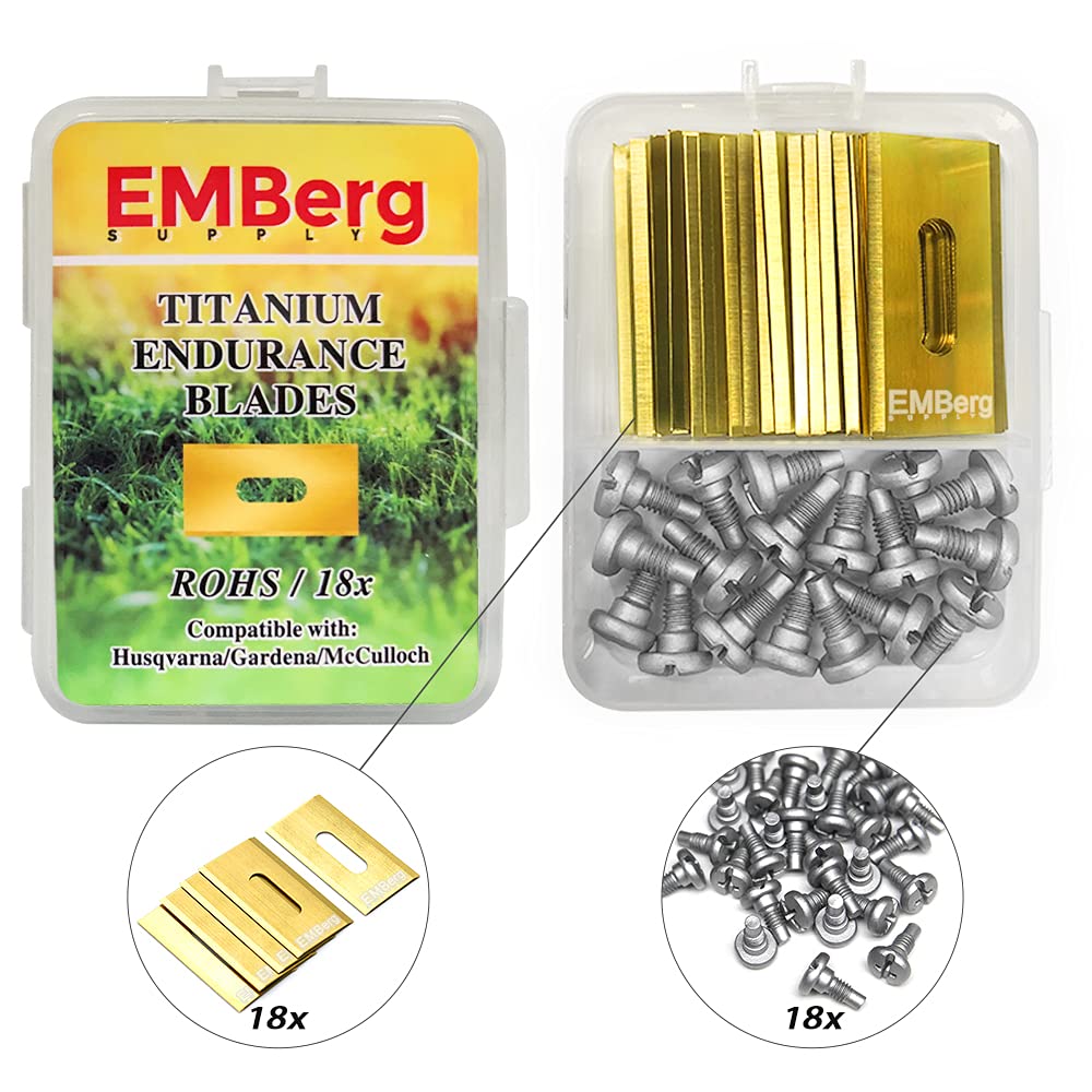 EMBerg Endurance Blades (18 Pack) for Husqvarna Automower Gardena McCulloch Robotic Lawnmower Mowing Lawn Mower Robo Robot Accessories Replacement Blade for 315 430 435 450 Others. (Titanium Coated)