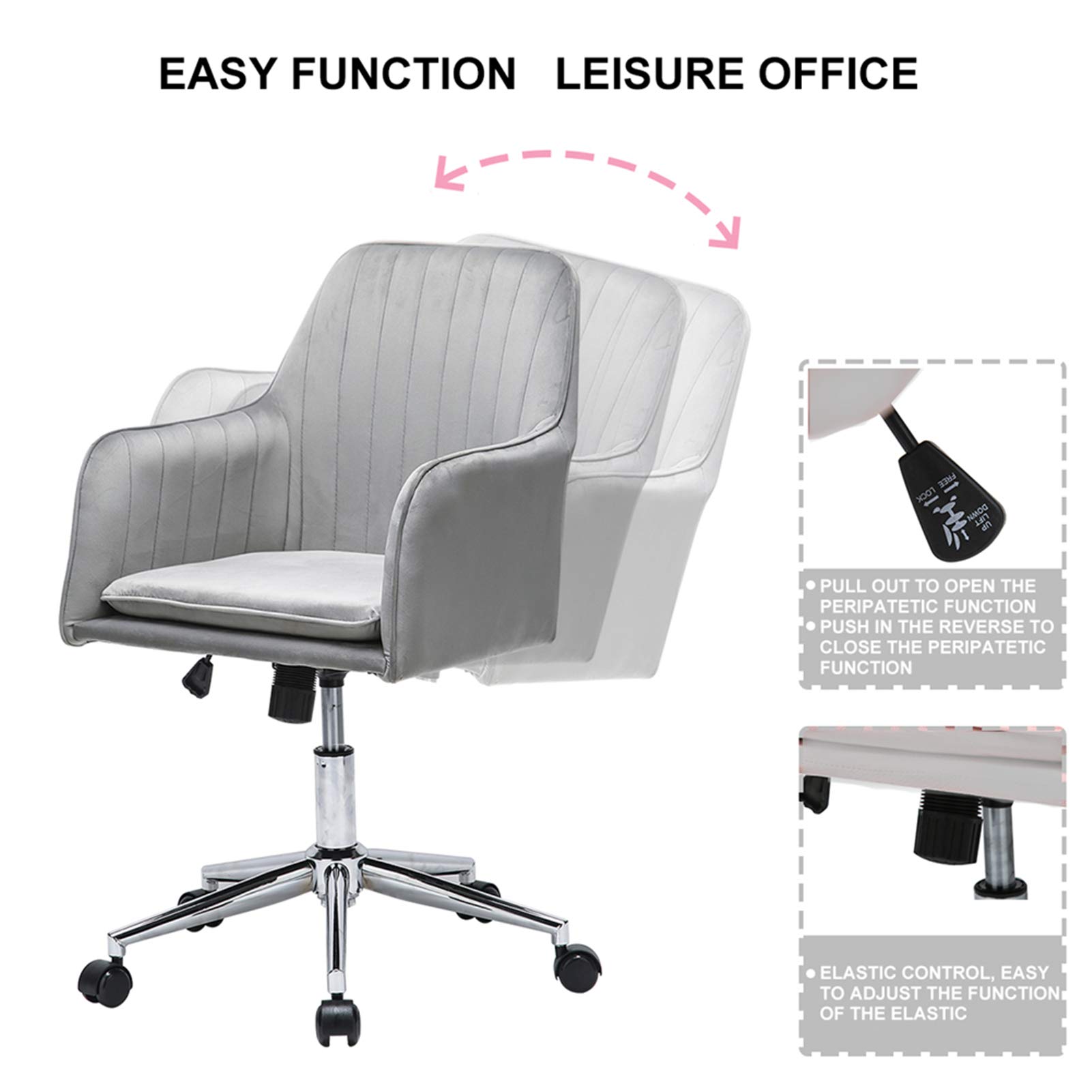 Brisk-Bun Velvet Desk Chair for Home Office Chair Metal Base mid Back Modern Adjustable Height Swivel upholstered Task Chair with arms Ergonomic Computer Chairs (Gray)