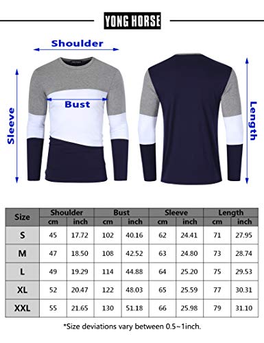 Yong Horse Men's Casual T-Shirt Athletic Long Sleeve - Crewneck Cotton Tee Shirt Teen Boys Graphic T Shirts Sun Protection UPF 50+ UV for Outdoor Sporting Running Gym Slim Fit Navy and White XL