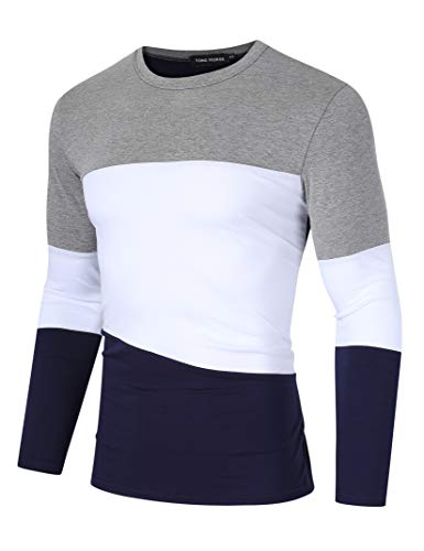 Yong Horse Men's Casual T-Shirt Athletic Long Sleeve - Crewneck Cotton Tee Shirt Teen Boys Graphic T Shirts Sun Protection UPF 50+ UV for Outdoor Sporting Running Gym Slim Fit Navy and White XL