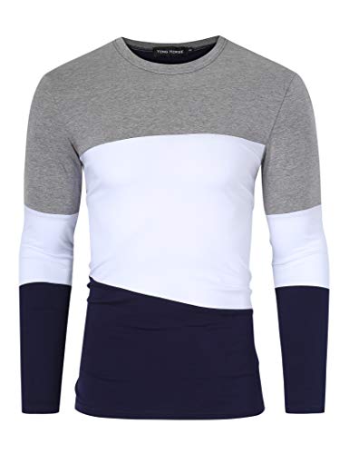 Yong Horse Men's Casual T-Shirt Athletic Long Sleeve - Crewneck Cotton Tee Shirt Teen Boys Graphic T Shirts Sun Protection UPF 50+ UV for Outdoor Sporting Running Gym Slim Fit Navy and White XL