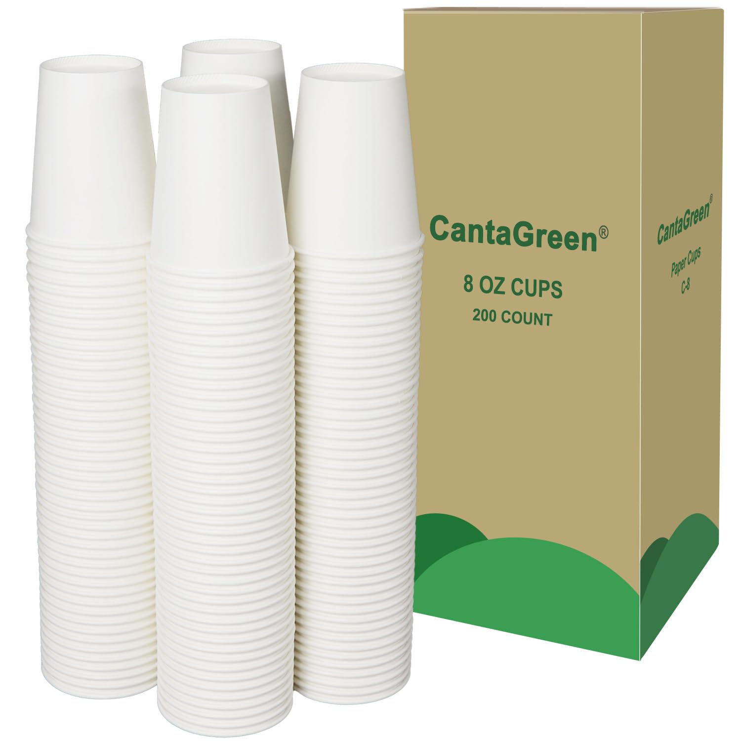 CantaGreen 200 Count 8 OZ Heavy-duty White Paper Coffee Cups, Disposable Hot and Cold Cup