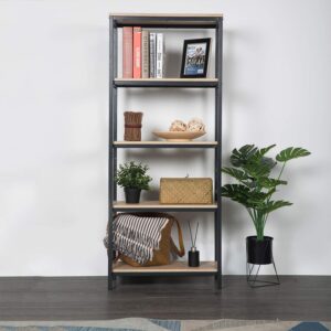 cloud mountain finefind 4 shelf wood and metal industrial open bookcase tall modern for home office storage, charter oak finish
