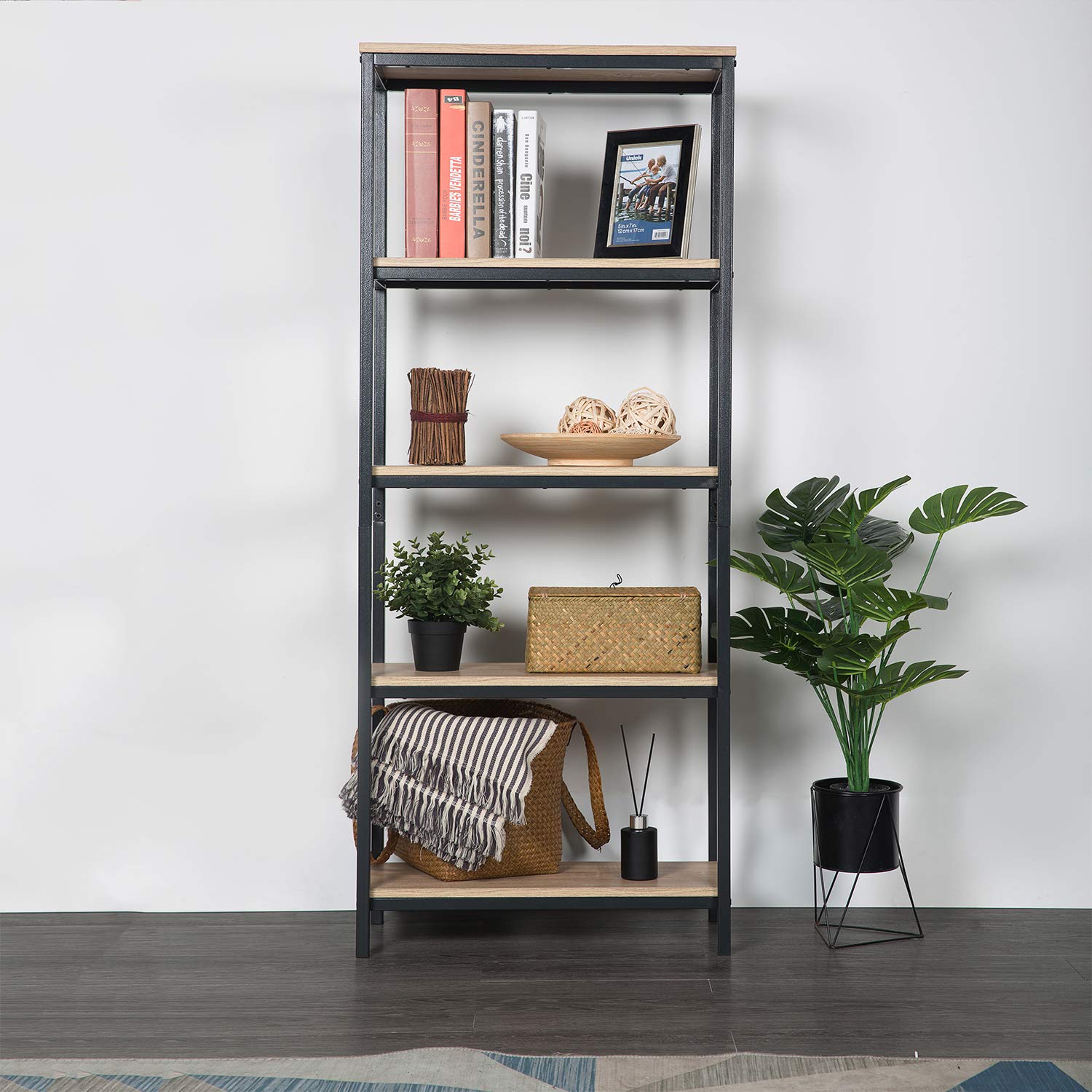 Cloud Mountain Finefind 4 Shelf Wood and Metal Industrial Open Bookcase Tall Modern for Home Office Storage, Charter Oak Finish